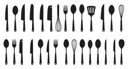 Kitchen Utensils and Cutlery Icons in Black and White