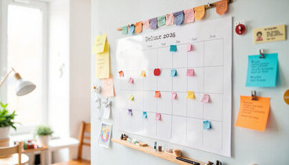 Calendar board with notes and colorful reminders in home office  