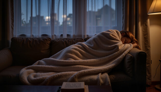 Woman sleeping on couch wrapped in blanket in cozy evening light - Powered by Adobe