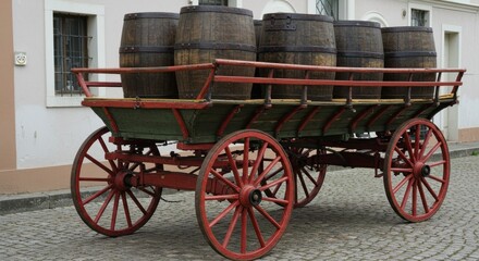 Fototapeta premium Antique Red-Wheeled Cart Loaded with Dark Wooden Barrels