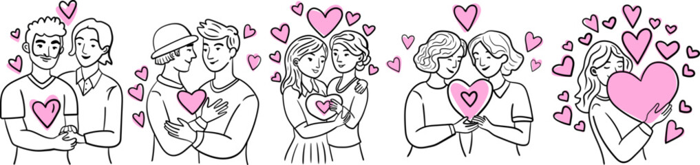 LGBT couple in love linear vector set with hearts, romantic outline illustrations for Valentine’s Day design elements