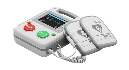 Illustration of an automated external defibrillator aed with ecg display and pads, isolated on a transparent background