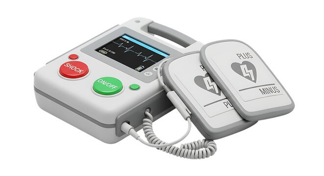 Illustration of an automated external defibrillator aed with ecg display and pads, isolated on a transparent background
