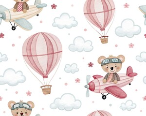 Charming seamless pattern featuring cute teddy bears piloting airplanes and hot air balloons amidst fluffy clouds and stars
