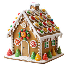 Festive Gingerbread House Decorated with Candy and Icing on Transparent Background beautifully decorated