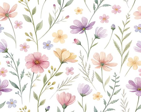 Delicate watercolor floral pattern featuring soft pastel wildflowers and green foliage on a white background for a charming spring design