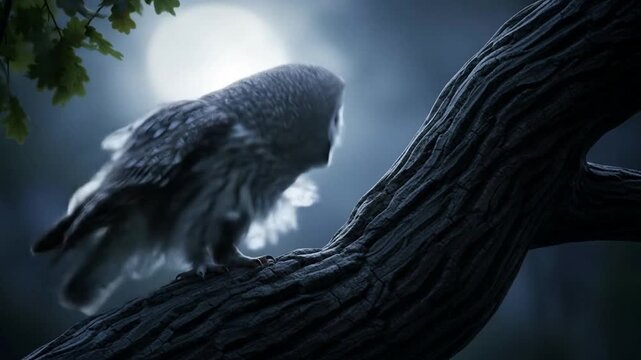 Owl perched on a branch at night under the moonlight