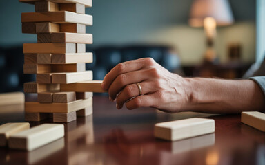 Close-up of a person's hand carefully removing a wooden block from a Jenga tower game blocks
