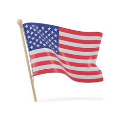 American flag waving on a flagpole, isolated on white background