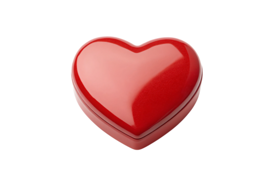 Heart shaped red object with glossy finish and curved edges representing love romance and affection, isolated on a transparent background
