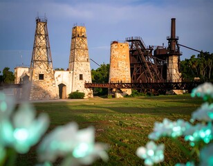 Derelict industrial structures in a field, partially obscured by out-of-focus foreground flora