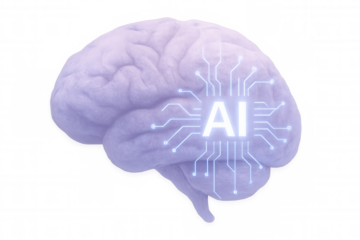 Artificial intelligence circuitry glowing inside a human brain, symbolizing the power and potential of ai on a transparent background
