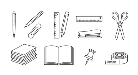 Stationery supplies vector illustration featuring pen pencil ruler book paper scissors and other office items