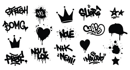Graffiti style icons and words on a white background