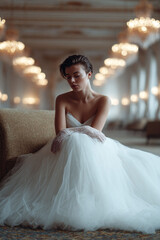 Naklejka premium Pensive bride in a flowing white gown, seated gracefully in an elegant setting. Evokes romance, reflection, and new beginnings. Ideal for wedding, fashion, and lifestyle concepts.