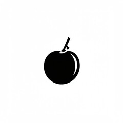 Simple black silhouette icon of a round fruit with a stem. Minimalist vector graphic of a cherry, plum, or berry isolated on a white background.