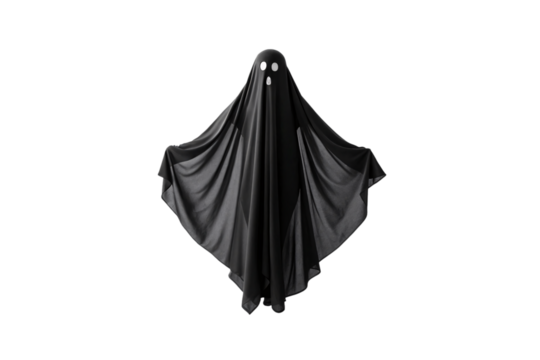 Classic ghost figure draped in flowing black fabric with simple white eye holes, isolated on a transparent background