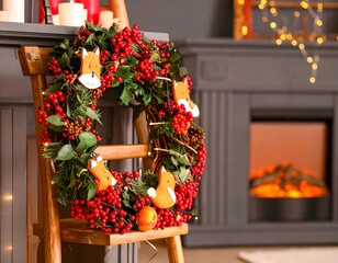 Festive wreath with berries and fox motifs adorns a wooden chair before a fireplace