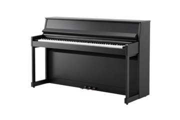Modern black digital piano with weighted keys and sleek contemporary design for home music practice, isolated on a transparent background