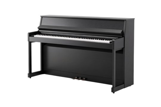 Modern black digital piano with weighted keys and sleek contemporary design for home music practice, isolated on a transparent background