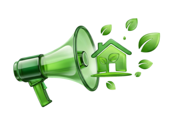 Amplify your eco-friendly message with this vibrant green megaphone and sprouting house symbol!