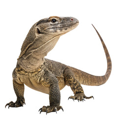 Obraz premium Komodo dragon walking and looking up isolated on transparent background with its scaly skin