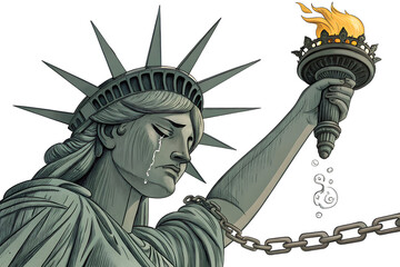 A sorrowful lady liberty figure with a crying face, torch down, and broken chains at her feet, AI generated by PNG