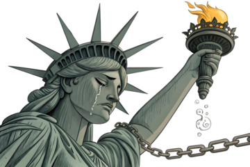 A sorrowful lady liberty figure with a crying face, torch down, and broken chains at her feet, AI generated by PNG