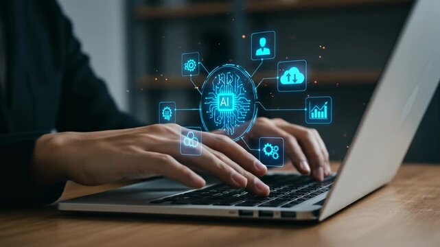 Hands working on laptop with AI icons