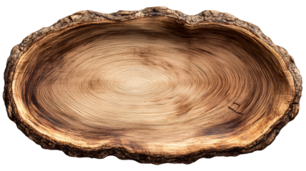 Organic tree slice with rough bark and concentric growth rings