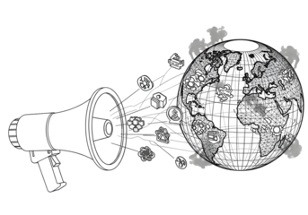 Global communication and business connection concept with megaphone and earth illustration
