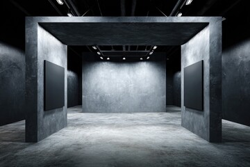 Obraz premium Empty exhibition hall with concrete walls and black canvases