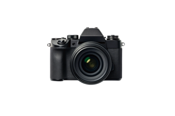 Modern black mirrorless camera with textured grip and large lens featuring green reflective coating elements, isolated on a transparent background