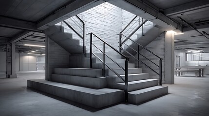 A modern stairwell in an industrial setting with sleek metal railings and concrete steps, designed for a minimalist aesthetic.