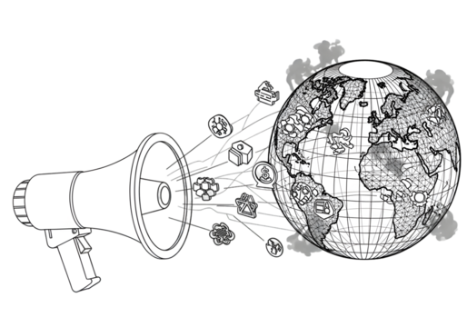 Global communication and business connection concept with megaphone and earth illustration