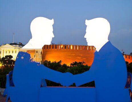 silhouette of two people shaking hands - Powered by Adobe