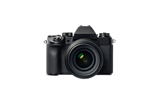Modern black mirrorless camera with textured grip and large lens featuring green reflective coating elements, isolated on a transparent background