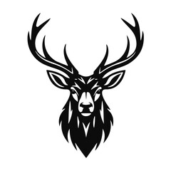 Naklejka premium Deer head silhouette with antlers in black and white line art, bold animal profile with strong forest vibe, deer head, deer silhouette, antler art, forest animal, wildlife illustration