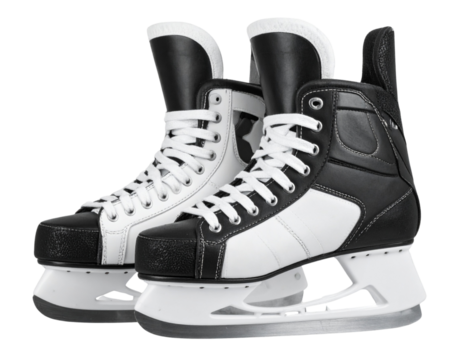 Classic Black and White Ice Hockey Skates, Side Profile View, Isolated on Transparent Background