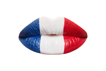 Lips painted with French flag colors blue white red vertical stripes tricolor patriotic makeup, isolated on a transparent background