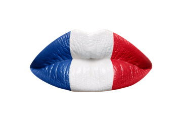 Female lips painted with French flag colors blue white red vertical stripes patriotic makeup, isolated on a transparent background