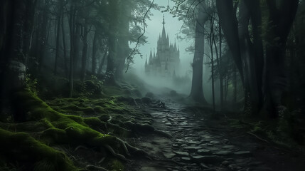 Fototapeta premium A mysterious forest path covered in moss and roots leads toward a distant castle shrouded in mist. This scene is perfect for storybook illustrations, game backgrounds, or magical adventure themes