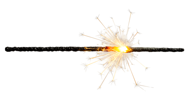 Black fuse explodes with bright light. Use it for firework photography, overlays, and safety posters.