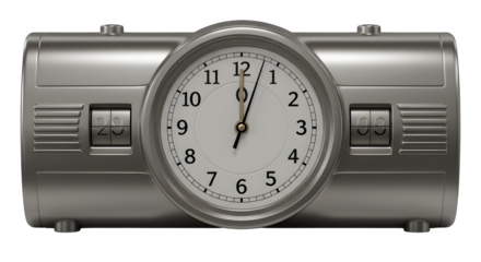 Silver metallic clock displays 7:00 with flip numbers. Great for product photography, print materials, social media, website headers.