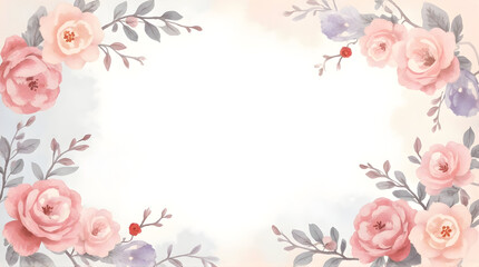 Floral Watercolor Frame with Pink Roses and Gray Leaves