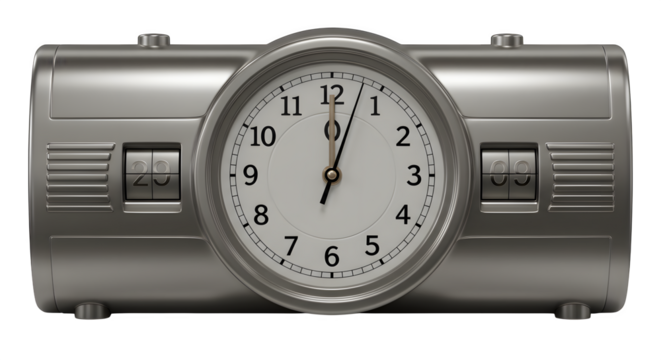 Silver metallic clock displays 7:00 with flip numbers. Great for product photography, print materials, social media, website headers.