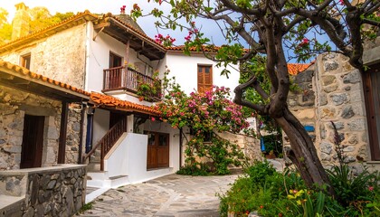 Obraz premium Picturesque alleyway lined with traditional stone buildings and lush greenery.