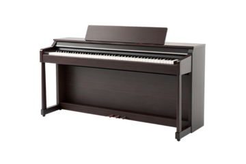 Dark wooden digital piano with full keyboard and modern upright console design, isolated on a transparent background