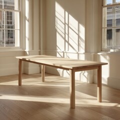 Fototapeta premium Sunlit Minimalist Room Featuring Wooden Table and Large Windows