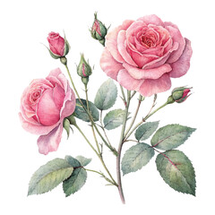 Fototapeta premium Vector art of a beautiful watercolor painting of a cluster of pink roses with buds and green leaves, isolated on a white background, showcasing delicate petals and natural beauty
